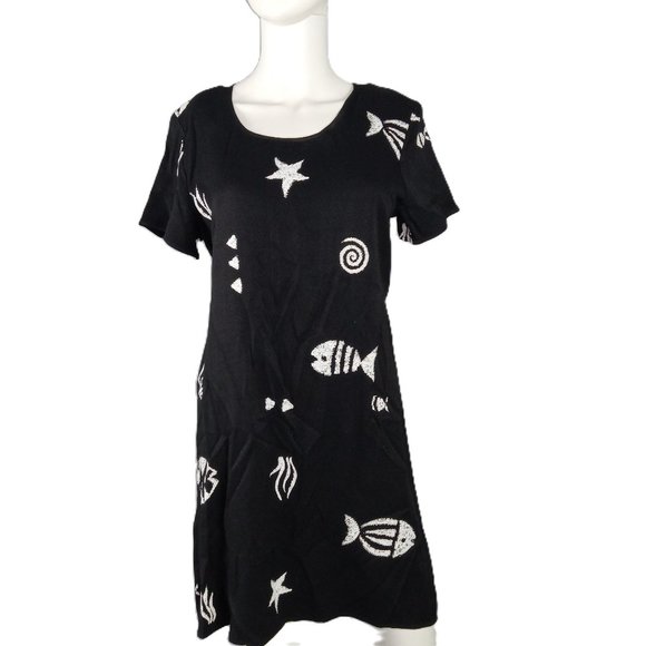 Connie Choi Women's Knee Length Shift Dress Size Medium Black Fish Print VTG - Picture 1 of 9